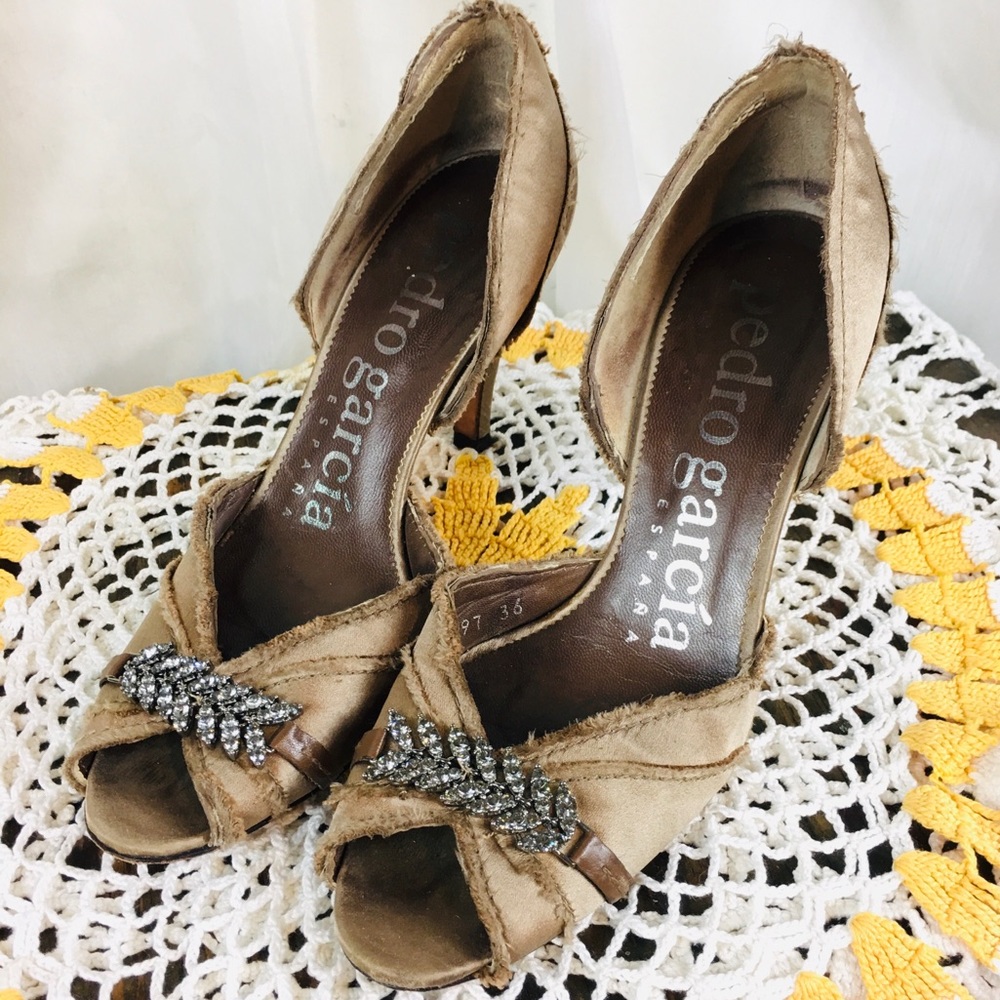 Pedro Garcia Tan Suede Peep-Toe Heels with Crystal Accent